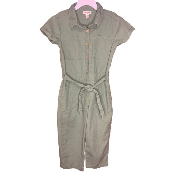 CAT & JACK GIRLS JUMPSUIT ROMPER POCKETS Dressy Outfit Army Green Size 6/7 - Picture 1 of 3
